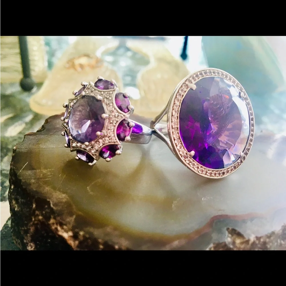 Vintage Pair  Silver 925 Amethyst & Clear Topaz Cocktail Ring both SZ 10 - Picture 4 of 14